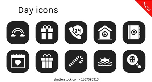 day icon set. 10 filled day icons.  Simple modern icons such as: Rainbow, Gift, 24h, Peace, Agenda, Calendar, Gift box, Candy cane, Sunset