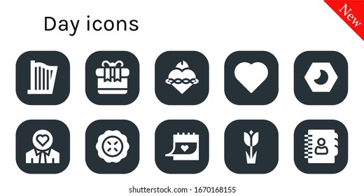 conjunto de iconos de día. 10 iconos de día rellenos. Incluidos Harp, Gift, Sagrado Corazón, Noche, Amor, Pie, Calendario, Tulipán, Iconos de Agenda