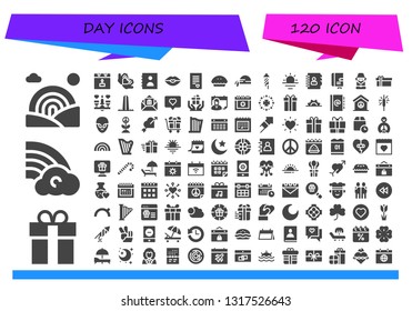 day icon set. 120 filled day icons.  Simple modern icons about  - Rainbow, Gift, Calendar, Love, Agenda, Kiss, Love letter, Pie, Pirate scarf, Fireworks, Sunrise, Leprechaun, Dating
