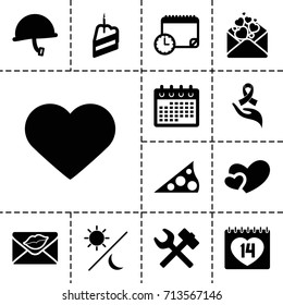 Day icon. set of 13 filled day icons such as calendar, 14 date, love letter, heart, ribbon on hand, piece of cake, sundial, sun and moon, calendar with clock, war helmet