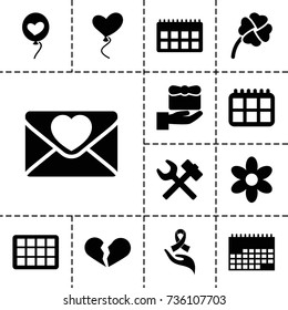 Day icon. set of 13 filled day icons such as flower, broken heart, love letter, heart balloons, ribbon on hand, clover, calendar, wrench hummer