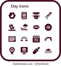  day icon set. 16 filled day icons. Simple modern icons about  - Night, Gift, Joker, Firecracker, Calendar, Sunbed, Kiss, Backward, Rainbow, Evening, Peace, Pregnancy test, Sunset