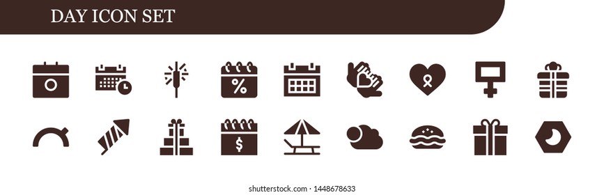 day icon set. 18 filled day icons.  Simple modern icons about  - Calendar, Schedule, Sparkler, Love, Cancer, Peace, Gift, Evening, Firecracker, Gifts, Sunbed, Cloudy, Pie, Gift box