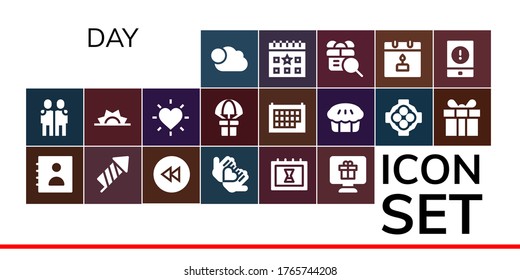 day icon set. 19 filled day icons.  Simple modern icons such as: Cloudy, Hugging, Agenda, Firecracker, Backward, Love, Calendar, Gift, Sunrise, Pie, Hug, Present, Event