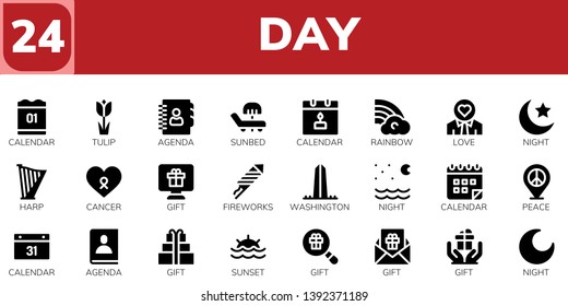 day icon set. 24 filled day icons.  Collection Of - Calendar, Tulip, Agenda, Sunbed, Rainbow, Love, Night, Harp, Cancer, Gift, Fireworks, Washington, Peace, Sunset
