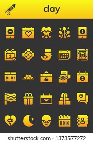 day icon set. 26 filled day icons.  Collection Of - Event, Firecracker, Calendar, Heart, Fireworks, Hug, Saint Patrick, Labyrinth, Timetable, Sunrise, Peace, Rainbow, Gift box