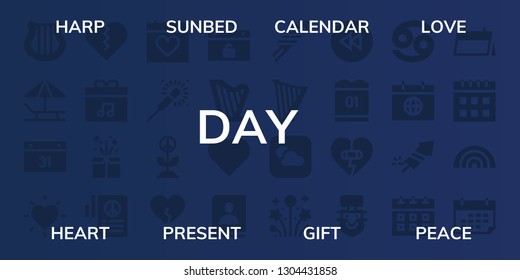 day icon set. 32 filled day icons. on blue background style Simple modern icons about  - Harp, Sunbed, Calendar, Love, Heart, Present, Gift, Peace, Sparkler, Event, Agenda, Fireworks