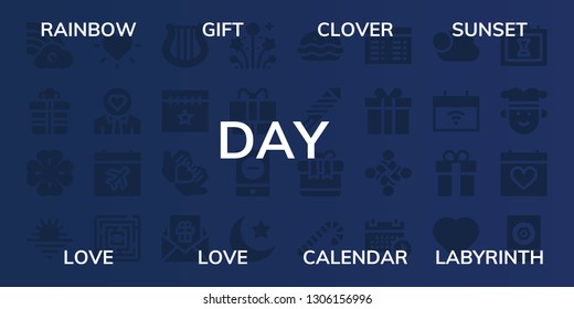 day icon set. 32 filled day icons. on blue background style Simple modern icons about  - Rainbow, Gift, Clover, Sunset, Love, Calendar, Labyrinth, Harp, Fireworks, Event, Night