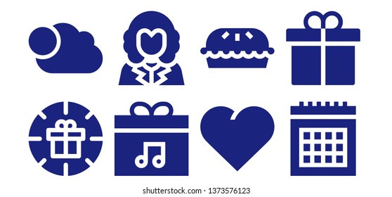 day icon set. 8 filled day icons.  Collection Of - Gift, Cloudy, Present, George washington, Heart, Pie, Calendar