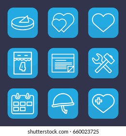 Day icon. set of 9 outline day icons such as heart with cross, heart, plan, sundial, calendar, 4th date calendar, war helmet, wrench hummer