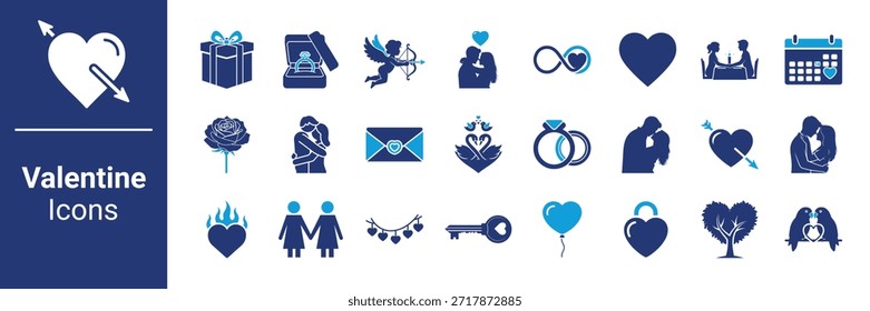 Conjunto de iconos del día de San Valentín Símbolos de amor románticos azules, Elementos de Boda y siluetas de pareja
