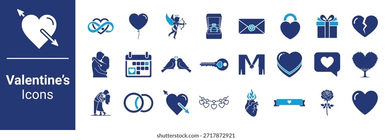 Valentinstag-Symbolsatz: Blaue romantische Symbole für Liebe, Hochzeit und Jubiläum