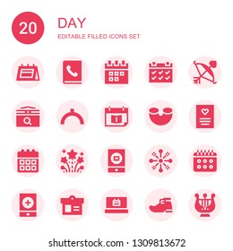 day icon set. Collection of 20 filled day icons included Calendar, Agenda, Cupid, Noon, Appointment book, Macaroni, Greeting card, Fireworks, Event, Leprechaun shoe, Harp