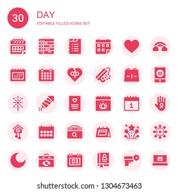 Day Icon Set. Collection Of 30 Filled Day Icons Included Calendar, Schedule, Heart, Broken Heart, Peace, Fireworks, Greeting Card, Cuckoo Clock, Rainbow, Event, Cancer, Night