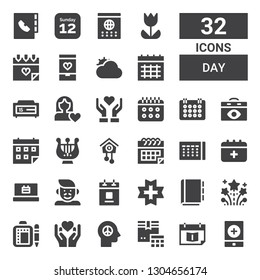 day icon set. Collection of 32 filled day icons included Event, Appointment book, Calendar, Peace, Heart, Schedule, Fireworks, Love, Father, Cuckoo clock, Harp, Give love, Women rights
