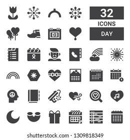 day icon set. Collection of 32 filled day icons included Calendar, Schedule, Present, Macaroni, Night, Love, Heart, Peace, Appointment book, Day, Rainbow, Fireworks, Agenda, Father