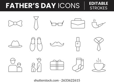 Father’s Day Icon Set, Flat and Line Style, Includes Tie, Mustache, Hat, Tools, Watch, Vector Symbols for Cards, Apps, Posters, UI