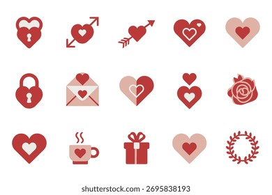 Conjunto de iconos de San Valentín: corazones, cerraduras, rosas, regalos y símbolos románticos