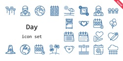 Day Icon Set. Line Icon Style. Day Related Icons Such As Calendar, Love, Rain, Woman, Balloons, Wake Up, Pilgrim, Clock, Heart, Planet Earth, Earth, Beach, Time, 