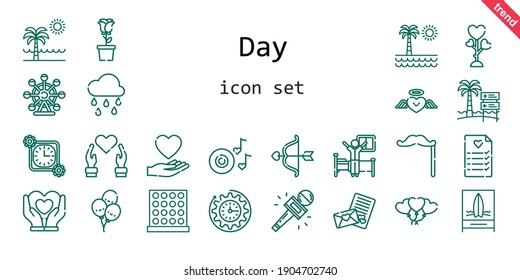day icon set. line icon style. day related icons such as love, balloons, raining, wake up, clock, mustache, heart, cupid, journalist, wedding planning, romantic music, ferris wheel, beach, tic tac toe