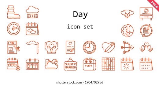 day icon set. line icon style. day related icons such as calendar, rain, just married, balloons, tax, clock, heart, mustache, cupid, cloud, planet earth, love birds, tic tac toe, beach, boots