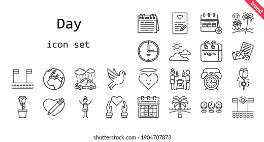day icon set. line icon style. day related icons such as alarm clock, calendar, rain, woman, clock, heart, friends, cloudy, dove, beach, earth, love letter, rose, time, 