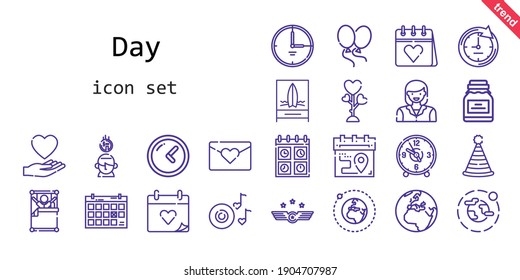day icon set. line icon style. day related icons such as calendar, love, woman, balloons, wedding day, air force, wake up, clock, conserve, saving, environment, romantic music, party hat, earth, beach