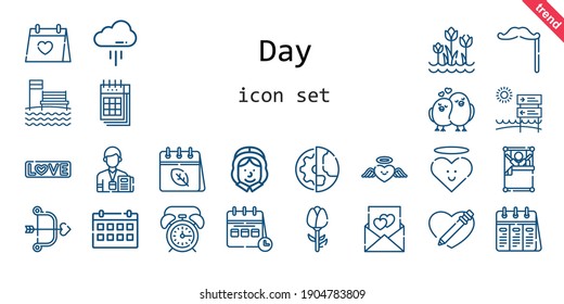 day icon set. line icon style. day related icons such as calendar, alarm clock, love, wedding day, wake up, pilgrim, heart, mustache, cupid, cloud, journalist, planet earth, tulips, love birds, beach