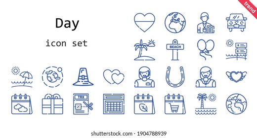 day icon set. line icon style. day related icons such as calendar, woman, balloons, tax, pilgrim, heart, horseshoe, journalist, wedding car, environment, planet earth, beach, earth, hearts, present, 