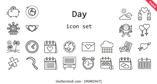 day icon set. line icon style. day related icons such as calendar, alarm clock, rain, couple, sickle, clover, clock, ozone layer, heart, cupid, cloudy, ferris wheel, beach, earth, love letter