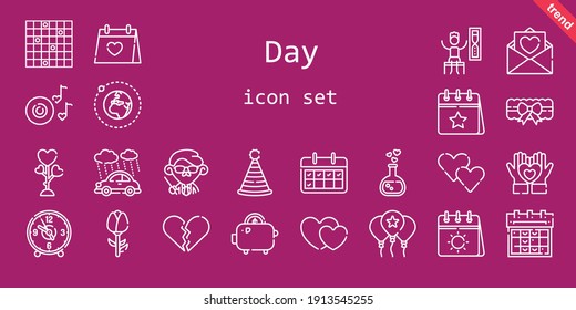 day icon set. line icon style. day related icons such as calendar, love, rain, balloon, garter, broken heart, wedding day, clock, heart, love potion, timer, romantic music, teacher, party hat