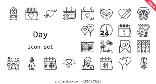 day icon set. line icon style. day related icons such as love, calendar, alarm clock, balloon, woman, balloons, wedding day, clock, friends, heart, cupid, saving, 24 hours, beach, tic tac toe