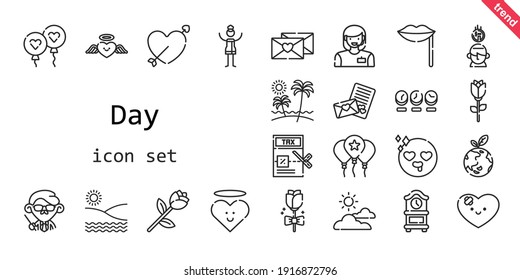 day icon set. line icon style. day related icons such as balloon, woman, tax, clock, heart, cupid, cloudy, saving, lips, planet earth, teacher, in love, beach, love letter, rose, 