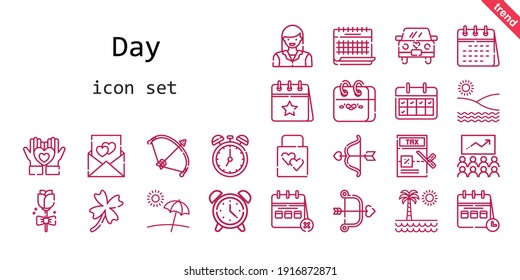day icon set. line icon style. day related icons such as calendar, alarm clock, woman, wedding gift, clover, tax, bow, clock, heart, cupid, wedding car, beach, love letter, rose, class, 