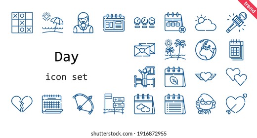 day icon set. line icon style. day related icons such as calendar, woman, broken heart, wake up, bow, clock, heart, cupid, journalist, cloudy, teacher, beach, earth, tic tac toe, love letter, 