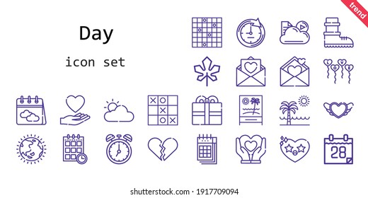 day icon set. line icon style. day related icons such as calendar, love, balloons, broken heart, ozone layer, clock, heart, maple leaf, cloud, schedule, cloudy, beach, tic tac toe, boots, love letter
