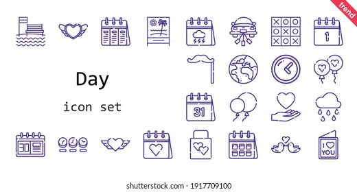 day icon set. line icon style. day related icons such as calendar, love, balloon, balloons, wedding gift, raining, clock, heart, mustache, wedding car, planet earth, love birds, tic tac toe, beach