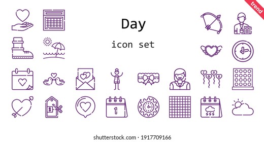 day icon set. line icon style. day related icons such as love, calendar, woman, balloons, garter, wedding day, clock, bow, heart, cupid, journalist, cloudy, love birds, price, tic tac toe, beach