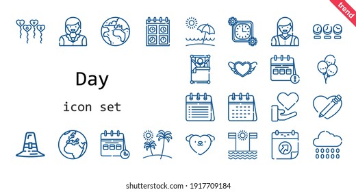 day icon set. line icon style. day related icons such as calendar, love, rain, woman, balloons, wake up, pilgrim, clock, heart, planet earth, earth, beach, time, 