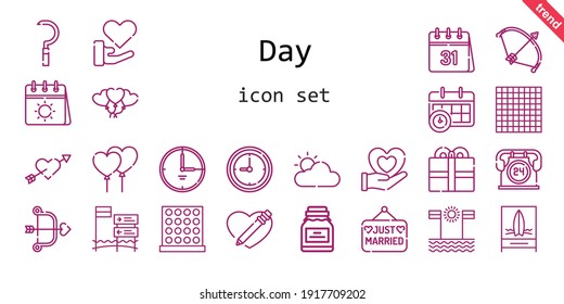 day icon set. line icon style. day related icons such as love, calendar, just married, sickle, balloons, clock, bow, conserve, heart, cupid, cloudy, 24 hours, tic tac toe, beach, time
