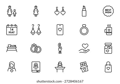 Conjunto de iconos del día de la madre: amor, cuidado y familia Colección de iconos de contorno delgado que incluye símbolos de madre, hijo, corazón y regalo, Ilustración vectorial moderna