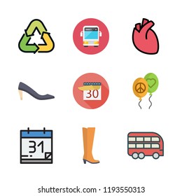 day icon set. vector set about balloons, high heels, bus and boot icons set.