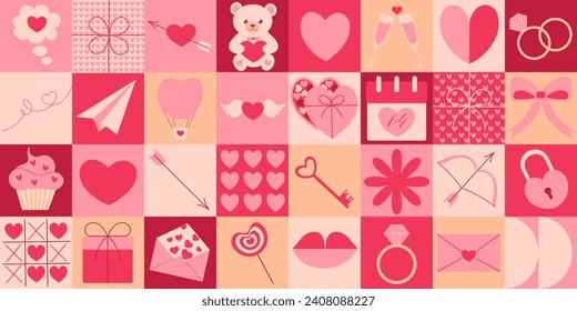 Elementos de los iconos del Día de San Valentín con un patrón geométrico. Estilo Bauhaus. Diseño de vectores planos para afiches, tarjetas, papel pintado, afiches, banner, embalaje. Corazón, oso, amor, regalo, lazo