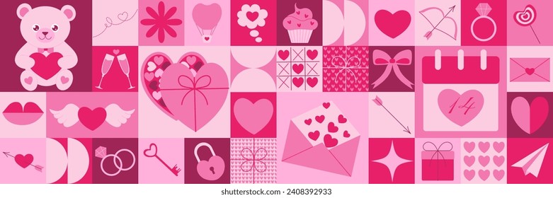 Valentine’s Day icons elements with geometric pattern. Bauhaus style. Vector flat design for poster, card, wallpaper, poster, banner, packaging. Heart, bear, love, gift, ribbon bow