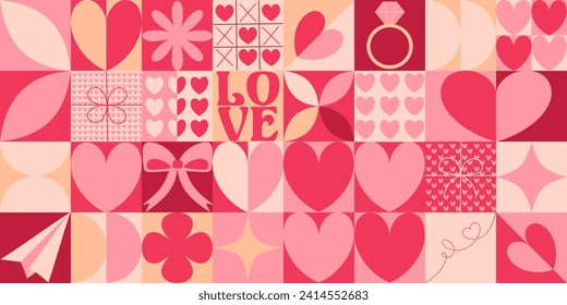 Valentine’s Day icons elements with geometric pattern.  Bauhaus style. Vector flat design for poster, card, wallpaper, poster, banner