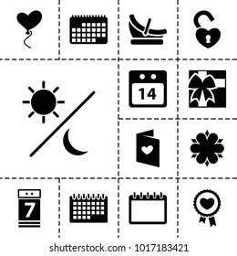 Day icons. set of 13 editable filled day icons such as heart baloons, love letter, calendar 7 date, 14 date calendar, sun and moon, calendar, flower, baby basket, gift