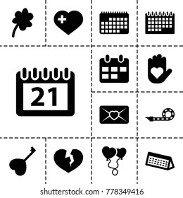 Day icons. set of 13 editable filled day icons such as clover, heart on hand, heart with cross, love letter, calendar