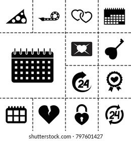 Day icons. set of 13 editable filled day icons such as broken heart, calendar, heart ribbon, party pipe, sundial, 24 hours, love letter