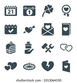 Day icons. set of 16 editable filled day icons such as piece of cake, love letter, heart, calendar, clover, sundial, gift, wrench hummer