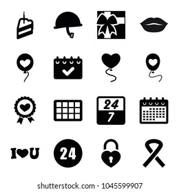 Day icons. set of 16 editable filled day icons such as calendar, heart ribbon, heart baloons, heart lock, piece of cake, ribbon, 24 hours, 24 7 hour, war helmet, gift